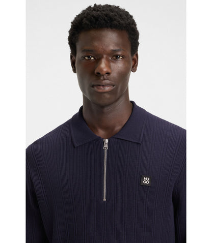 Hugo Stacked Logo Sweater With Zip Collar Dark Blue