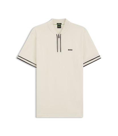 Boss Zip Neck Polo Shirt In Stretch Cotton Piqu White
