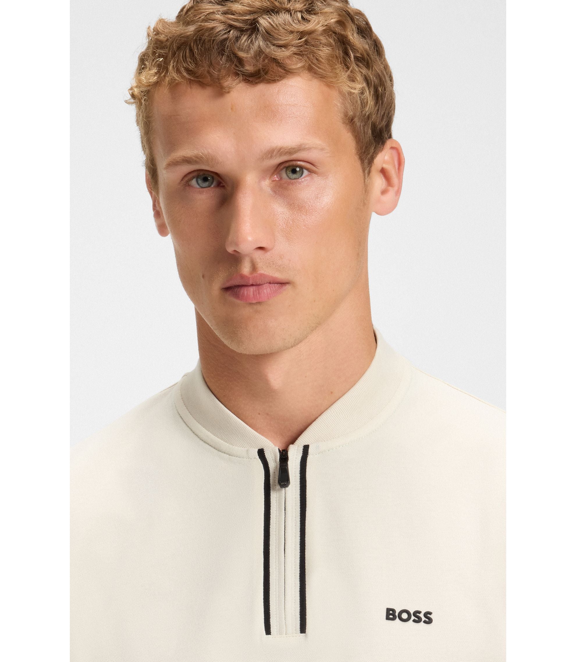 Boss Zip Neck Polo Shirt In Stretch Cotton Piqu White