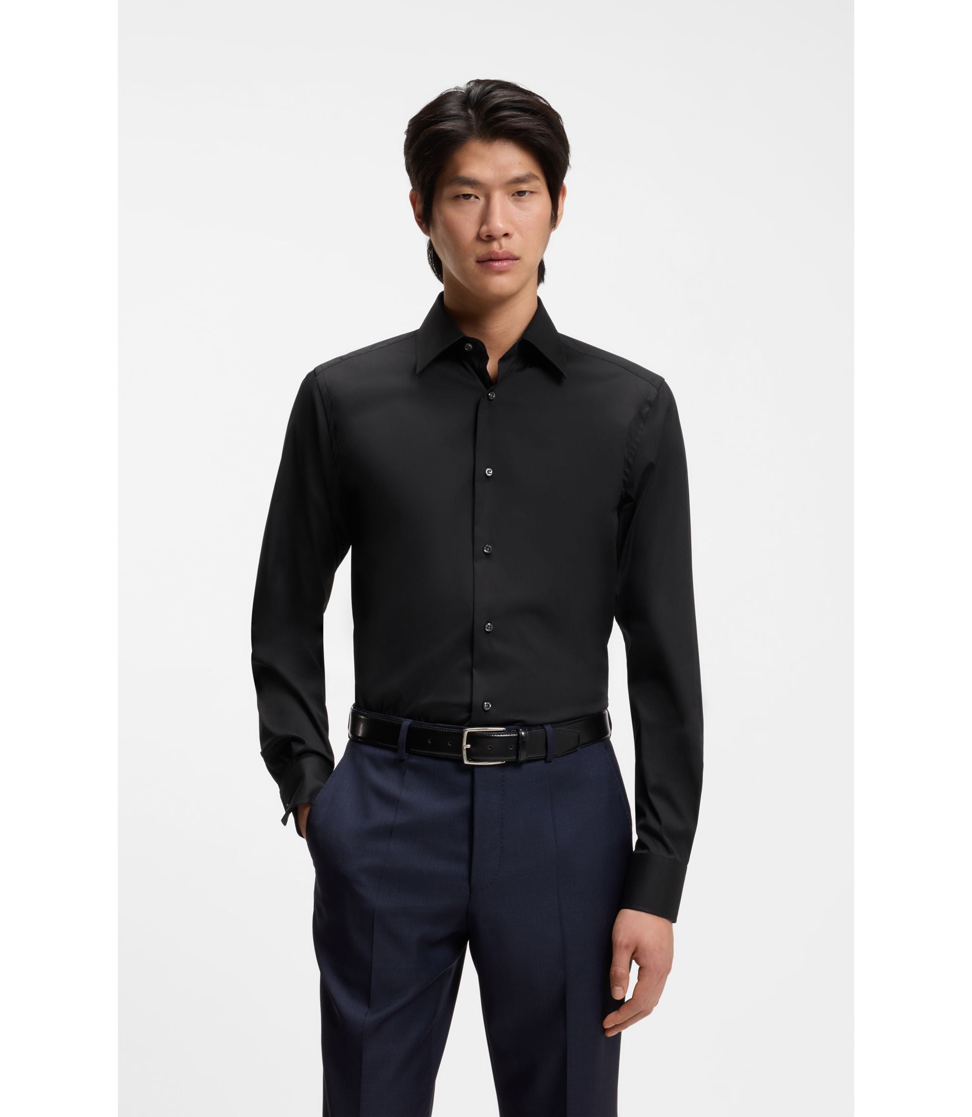 Boss Slim Fit Shirt In Stretch Cotton Blend Poplin Black