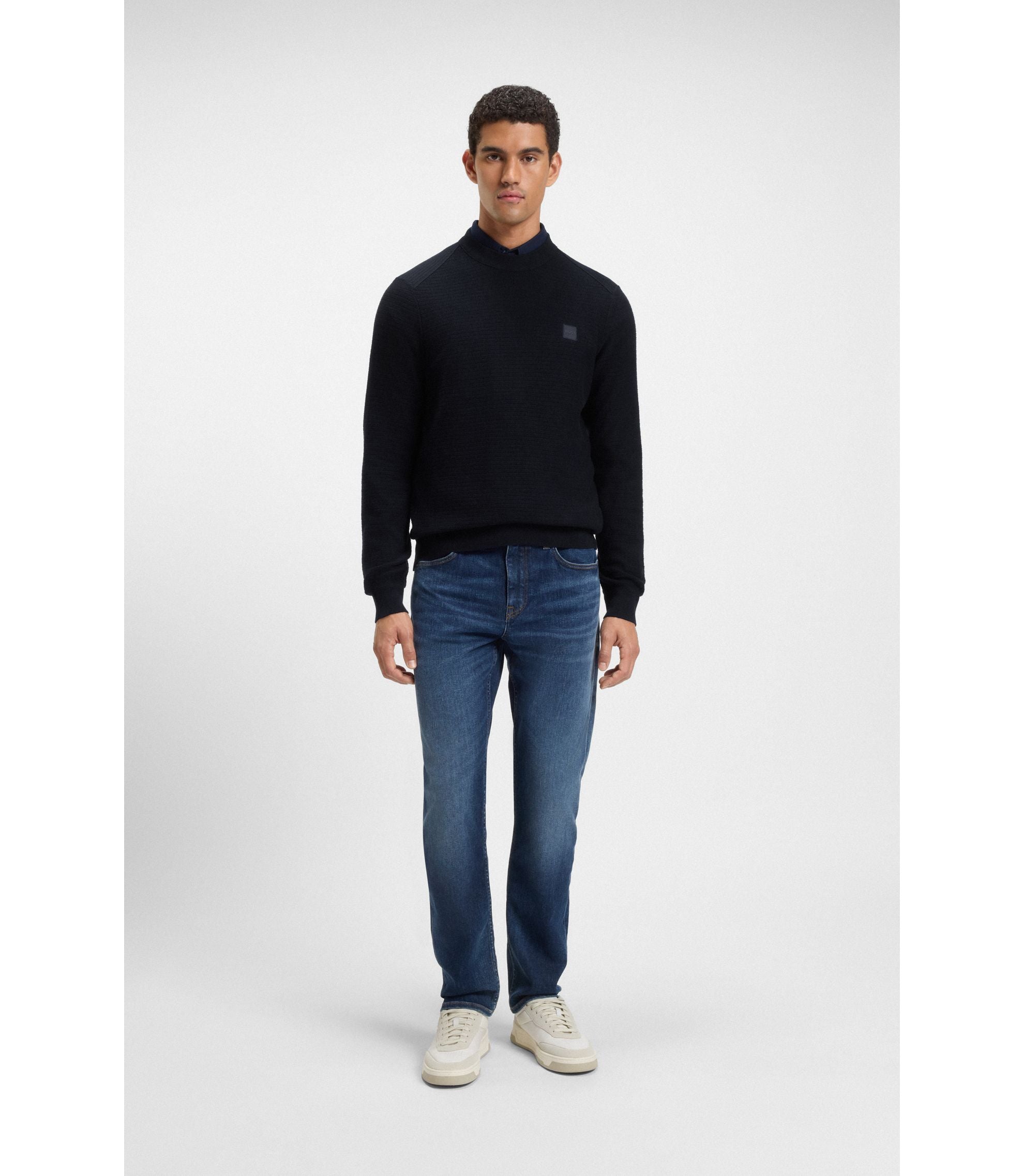 Boss Cotton Piqu Sweater With Logo Patch Dark Blue