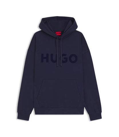 Hugo Tonal Logo Hoodie In Cotton Terry Dark Blue