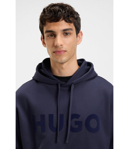 Hugo Tonal Logo Hoodie In Cotton Terry Dark Blue