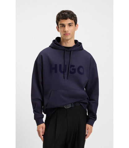Hugo Tonal Logo Hoodie In Cotton Terry Dark Blue