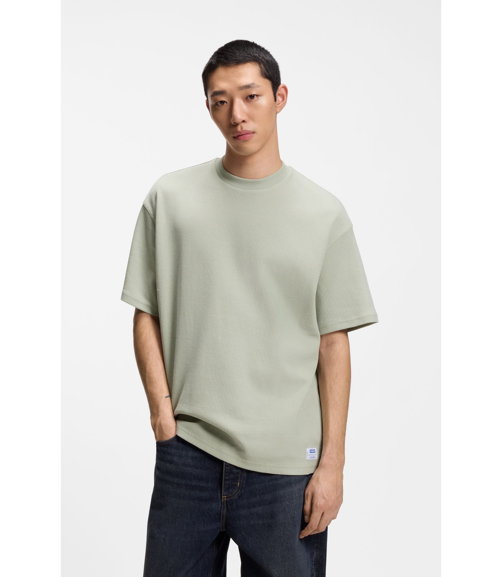 Hugo Waffle Structure T Shirt In A Cotton Blend Light Green