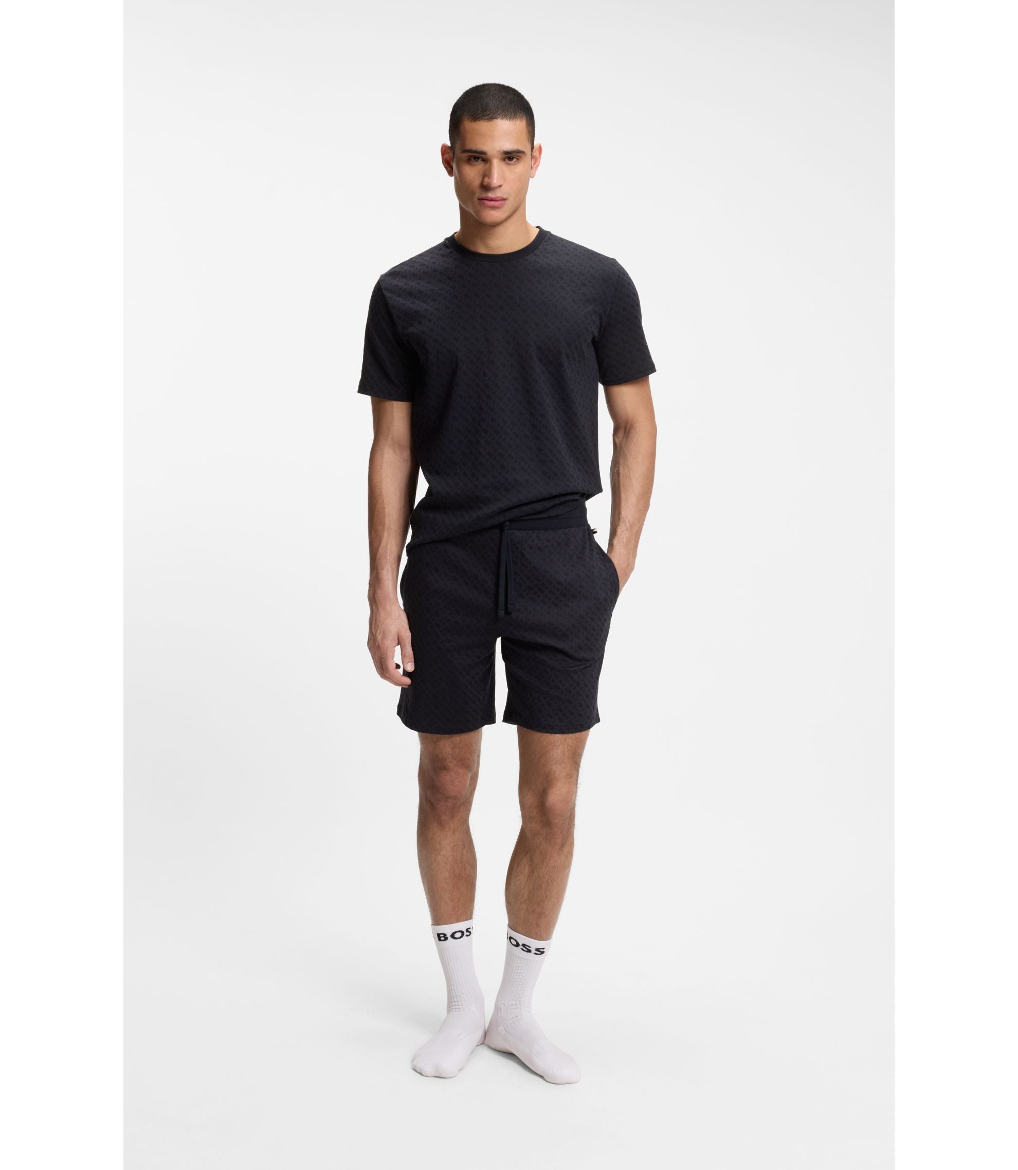 Boss Drawstring Pajama Shorts In Cotton With Printed Branding Dark Blue