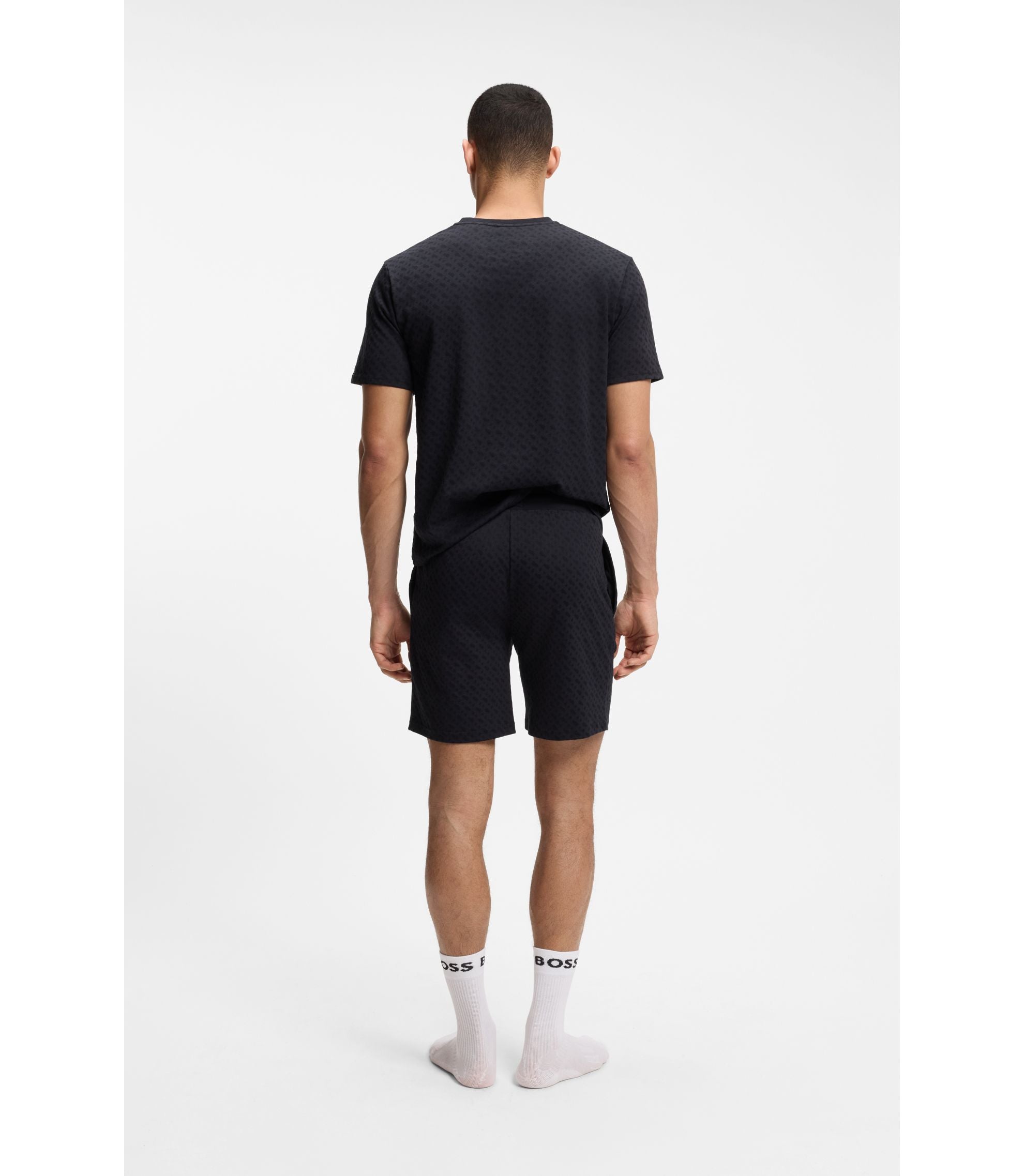 Boss Drawstring Pajama Shorts In Cotton With Printed Branding Dark Blue