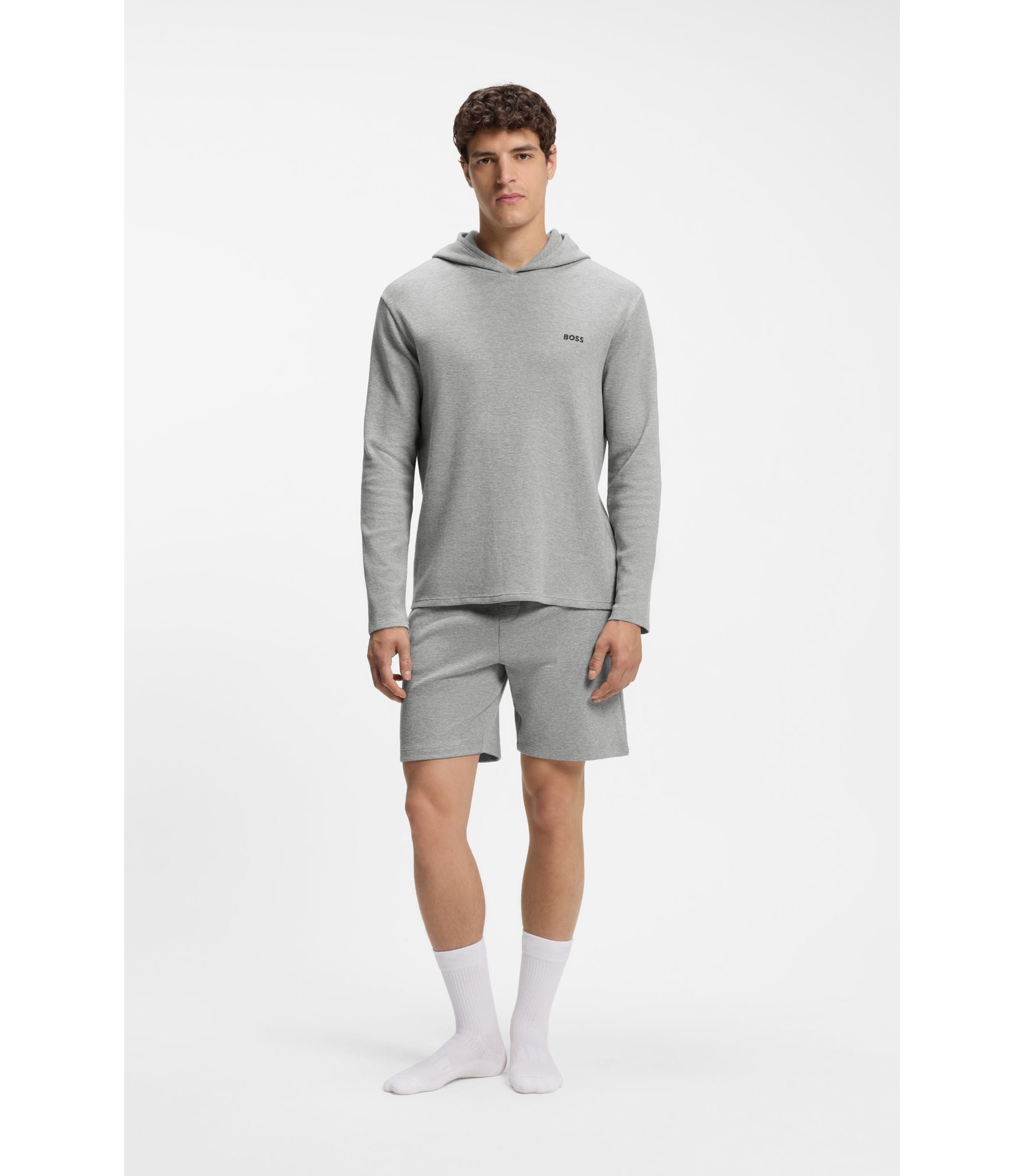 Boss Cotton Blend Pajama Hoodie With Waffle Structure Grey