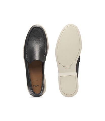 Boss Logo Detail Moccasins In Tumbled Leather Black Black