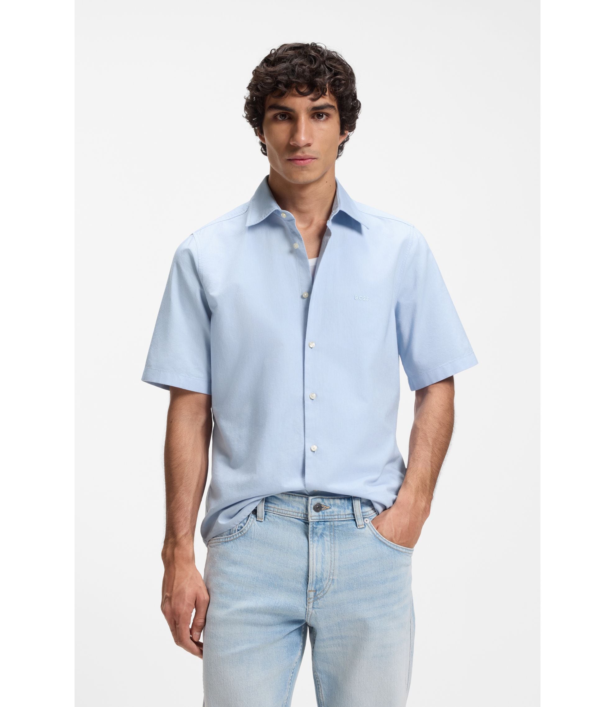 Boss Regular Fit Shirt In Oxford Cotton Light Blue