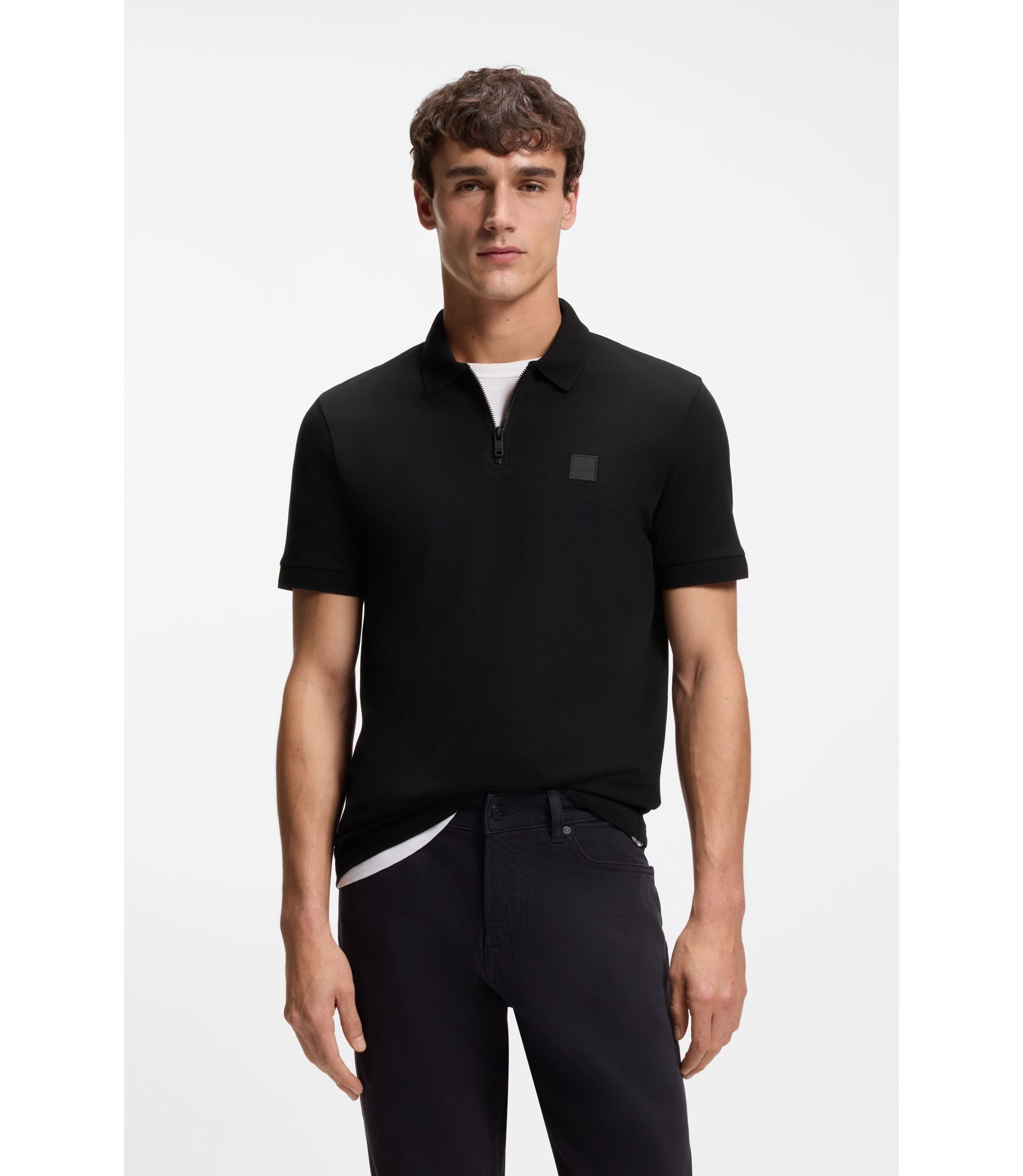 Boss Stretch Cotton Slim Fit Polo Shirt With Logo Patch Black