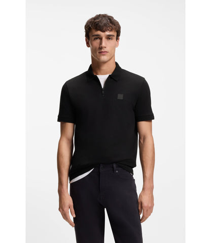 Boss Stretch Cotton Slim Fit Polo Shirt With Logo Patch Black