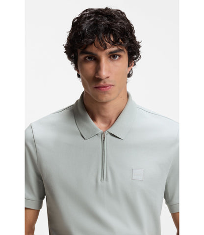 Boss Stretch Cotton Slim Fit Polo Shirt With Logo Patch Silver