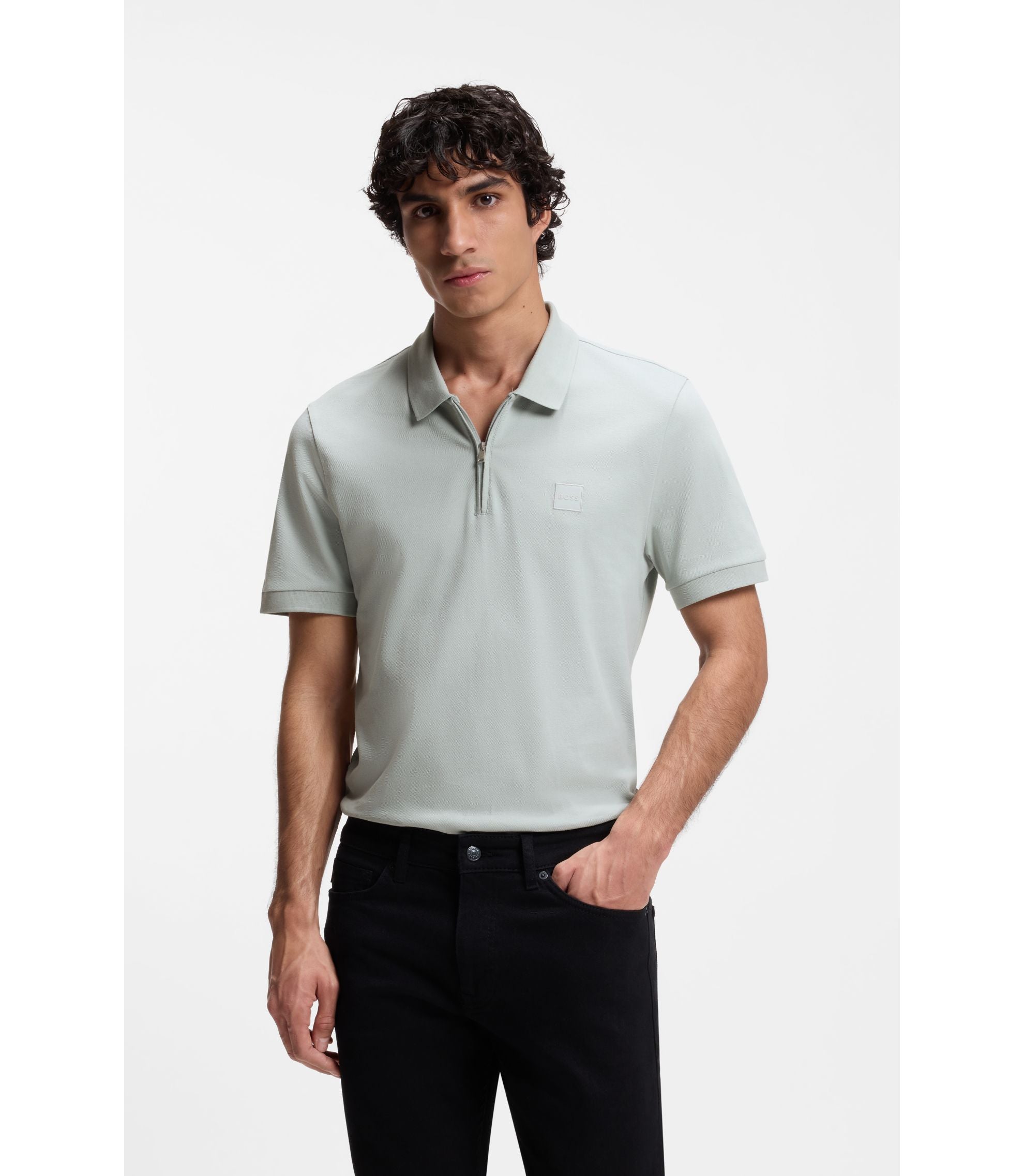 Boss Stretch Cotton Slim Fit Polo Shirt With Logo Patch Silver