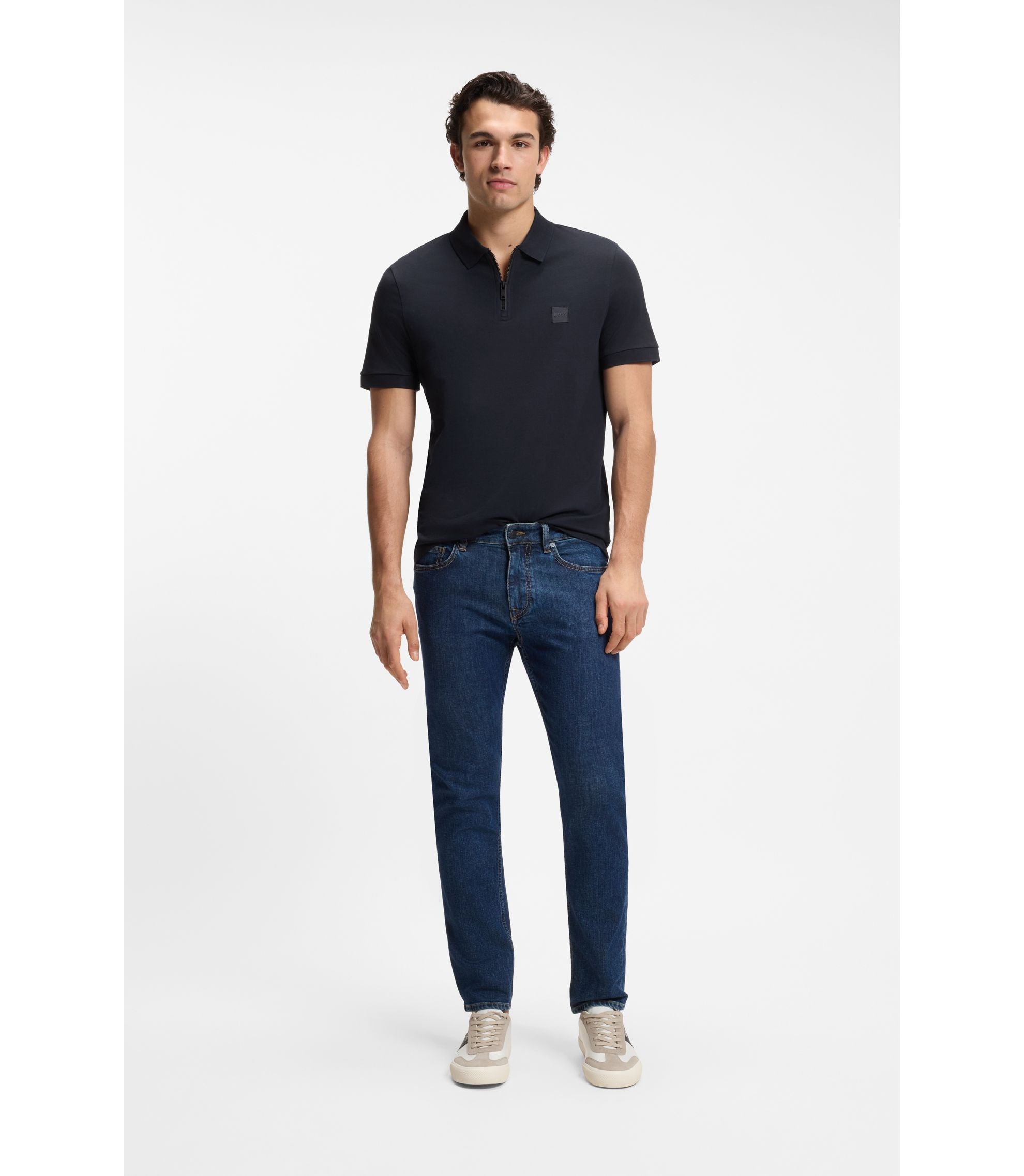 Boss Stretch Cotton Slim Fit Polo Shirt With Logo Patch Dark Blue