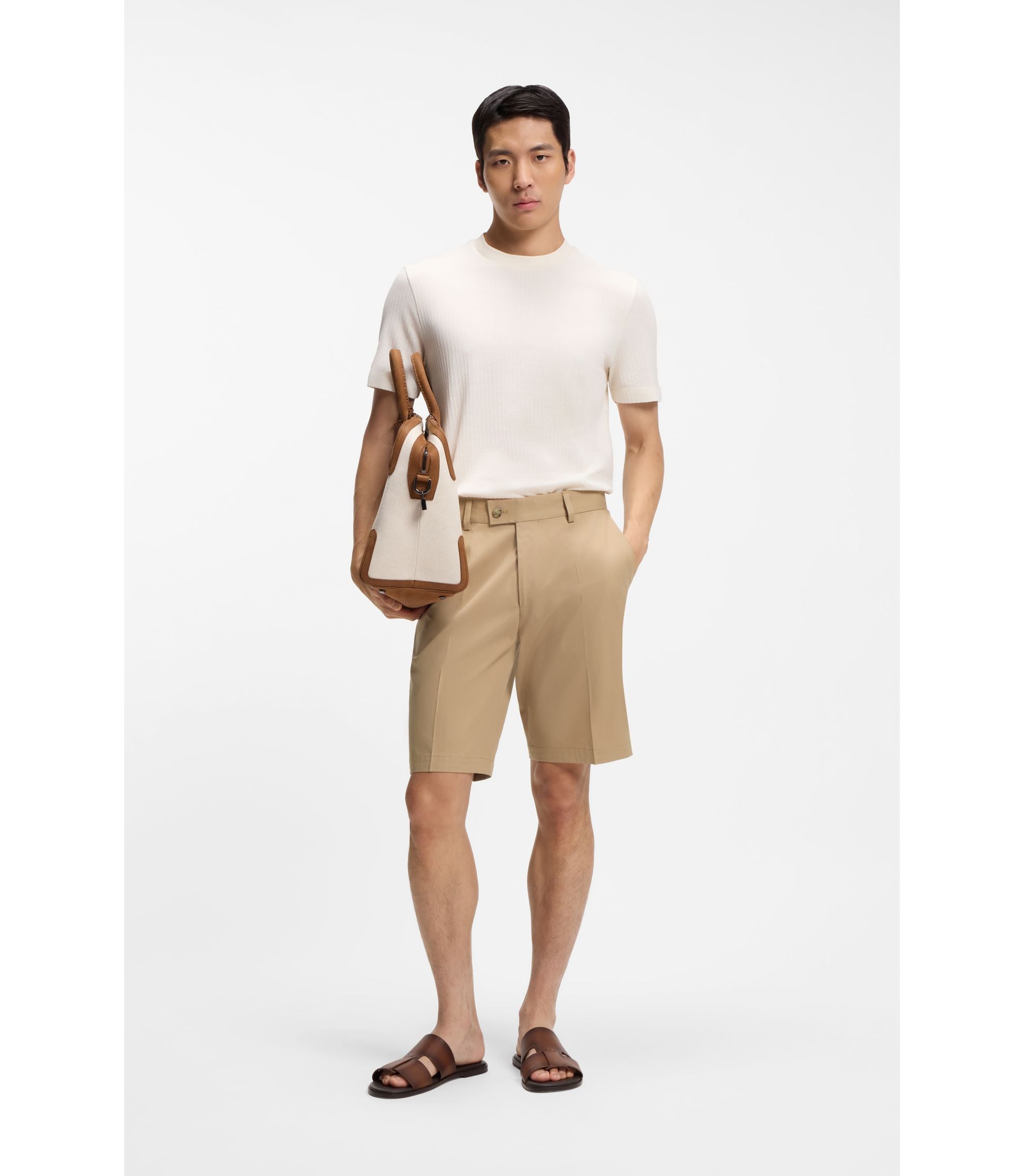 Boss Tapered Fit Shorts In Cotton Silk And Stretch Beige