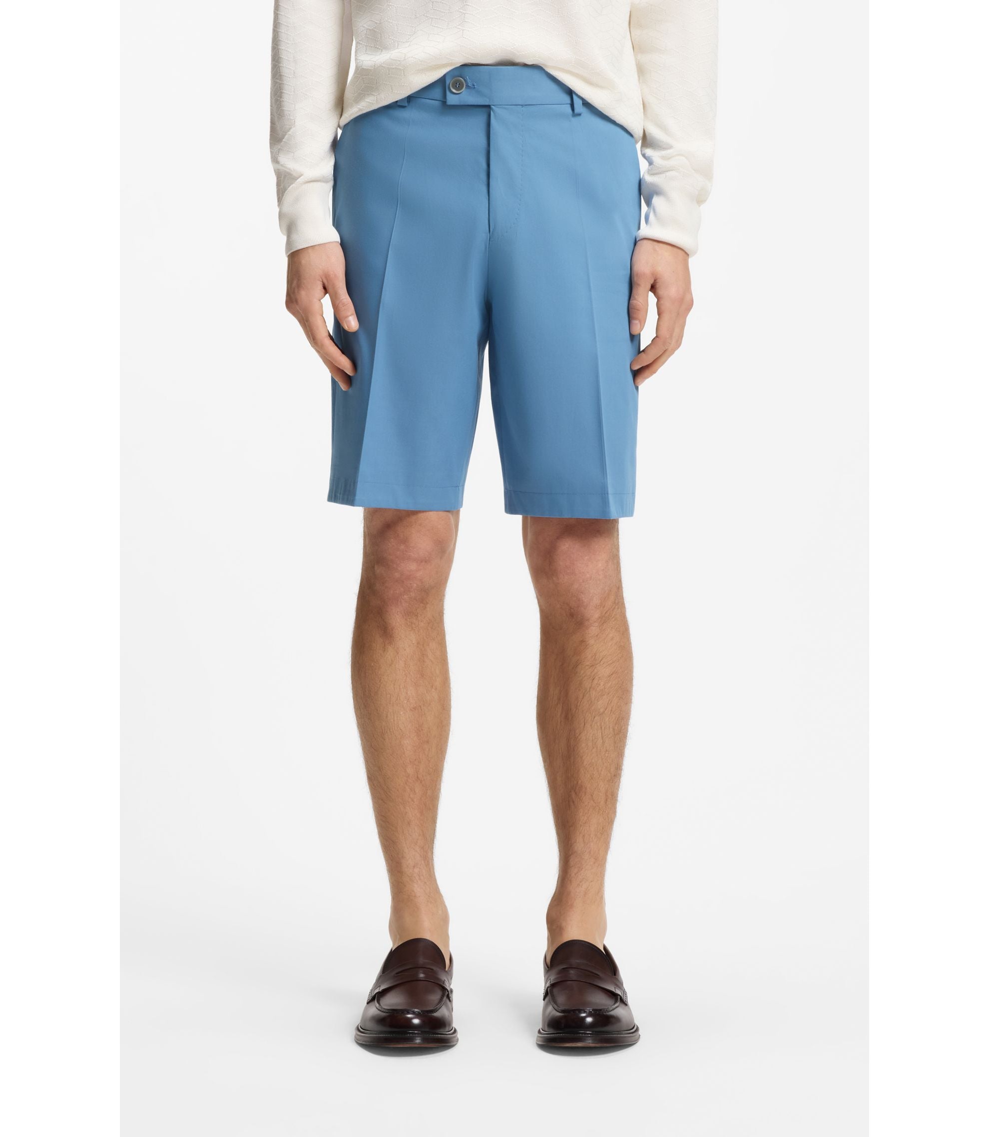 Boss Tapered Fit Shorts In Cotton Silk And Stretch Light Blue
