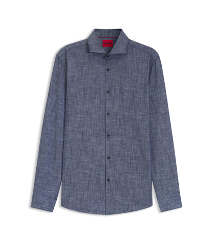 Hugo Slim Fit Shirt In Cotton And Linen Dark Blue