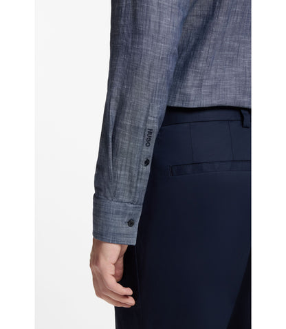 Hugo Slim Fit Shirt In Cotton And Linen Dark Blue