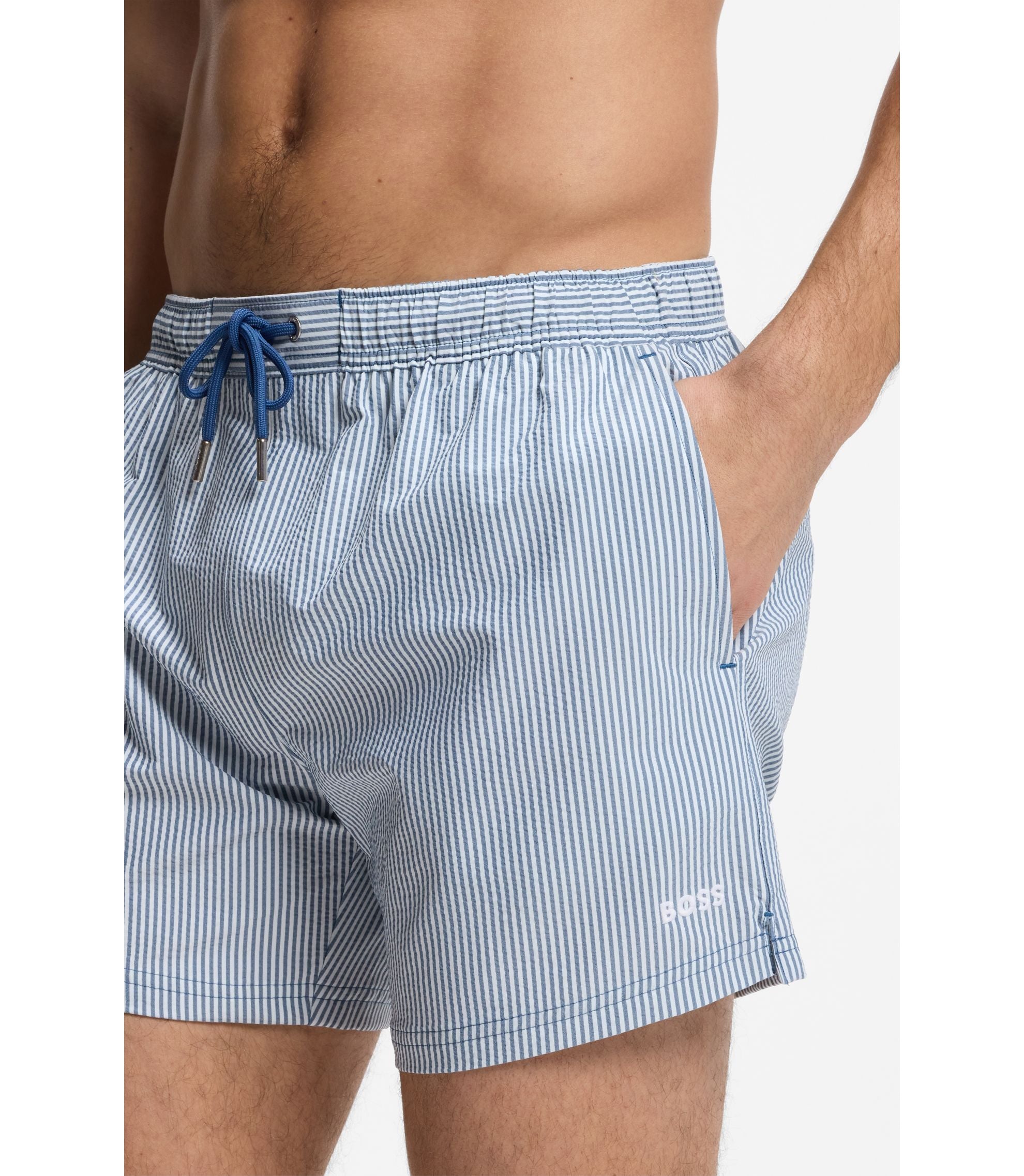 Boss Embroidered Logo Swim Shorts In Striped Seersucker Light Blue