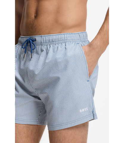 Boss Embroidered Logo Swim Shorts In Striped Seersucker Light Blue