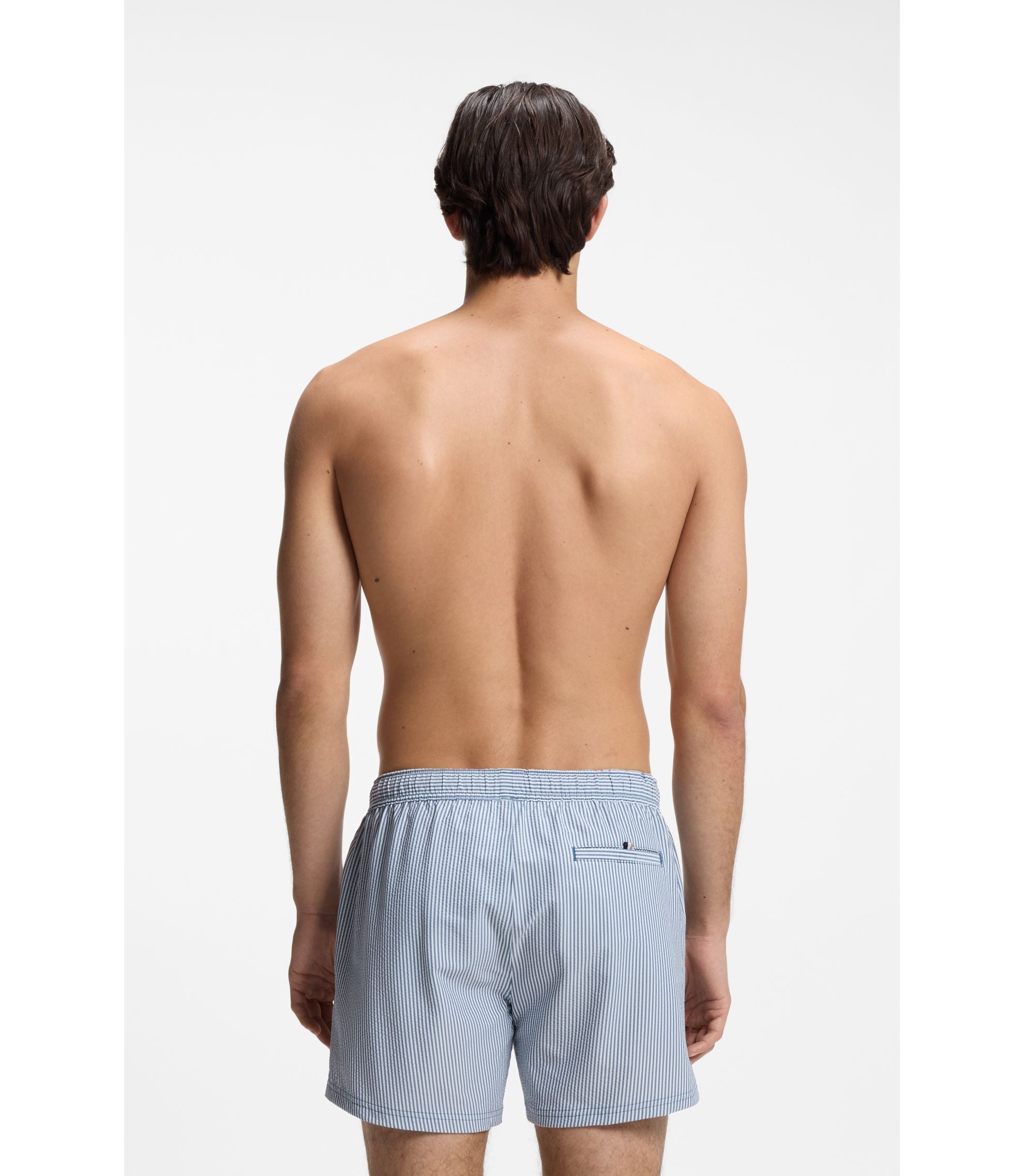 Boss Embroidered Logo Swim Shorts In Striped Seersucker Light Blue