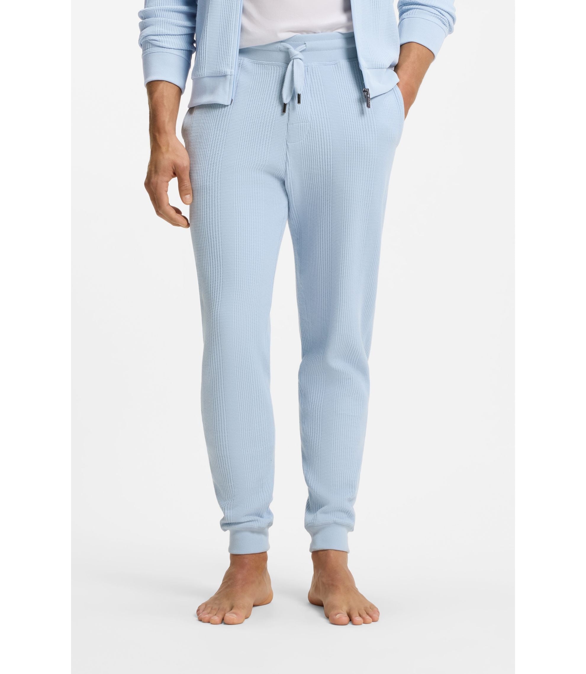 Boss Cotton Blend Sweatpants With Waffle Structure Light Blue