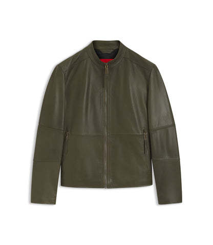Hugo Grained Leather Jacket In A Slim Fit Light Green