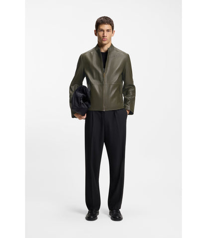 Hugo Grained Leather Jacket In A Slim Fit Light Green