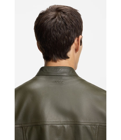 Hugo Grained Leather Jacket In A Slim Fit Light Green