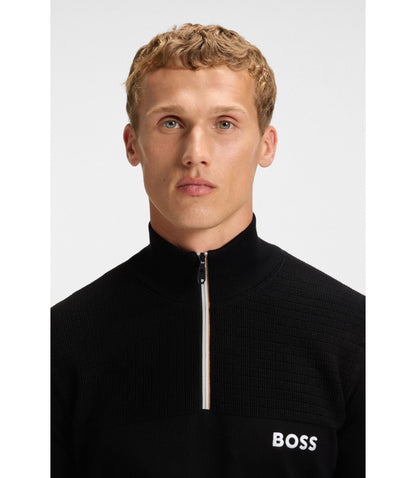 Boss Water Repellent Zip Neck Sweater In A Cotton Blend Black