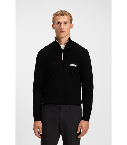 Boss Water Repellent Zip Neck Sweater In A Cotton Blend Black