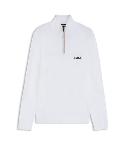 Boss Water Repellent Zip Neck Sweater In A Cotton Blend White