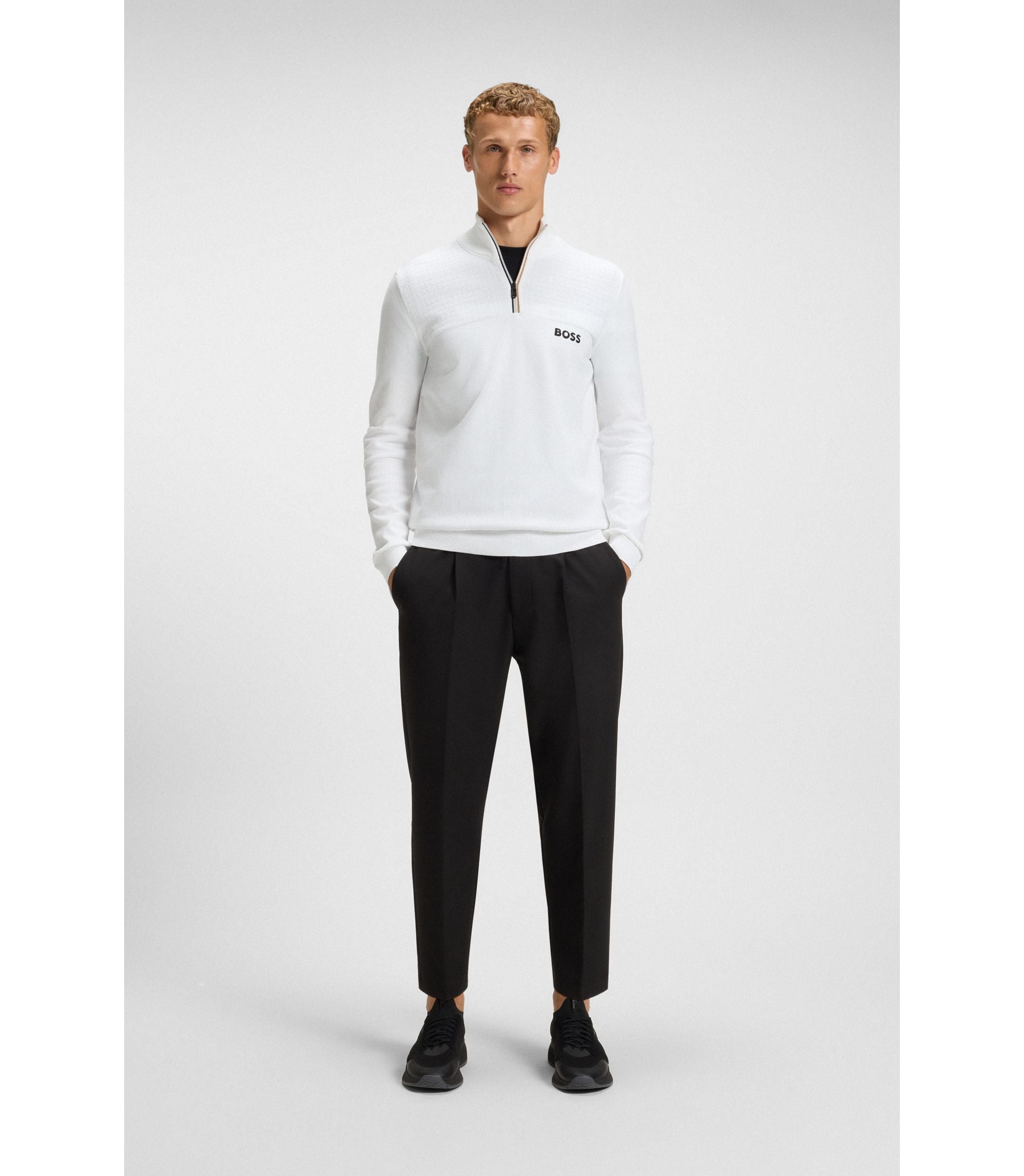 Boss Water Repellent Zip Neck Sweater In A Cotton Blend White