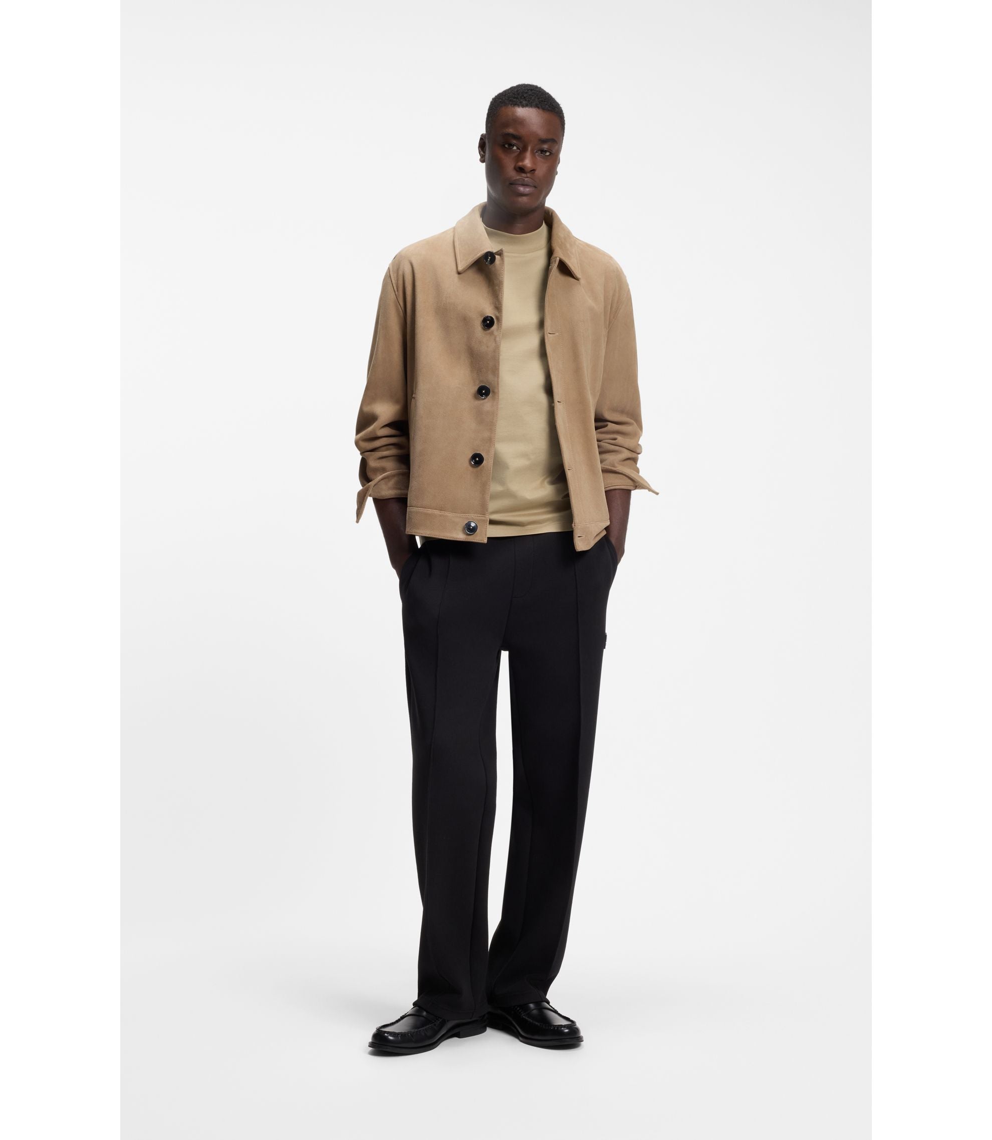 Hugo Stand Collar Slim Fit T Shirt In Stretch Cotton Beige