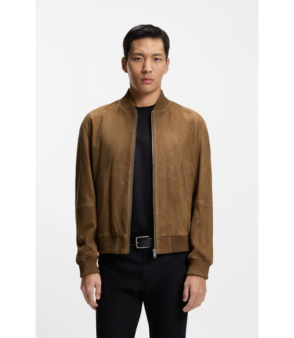 Boss Regular Fit Jacket In Suede Khaki