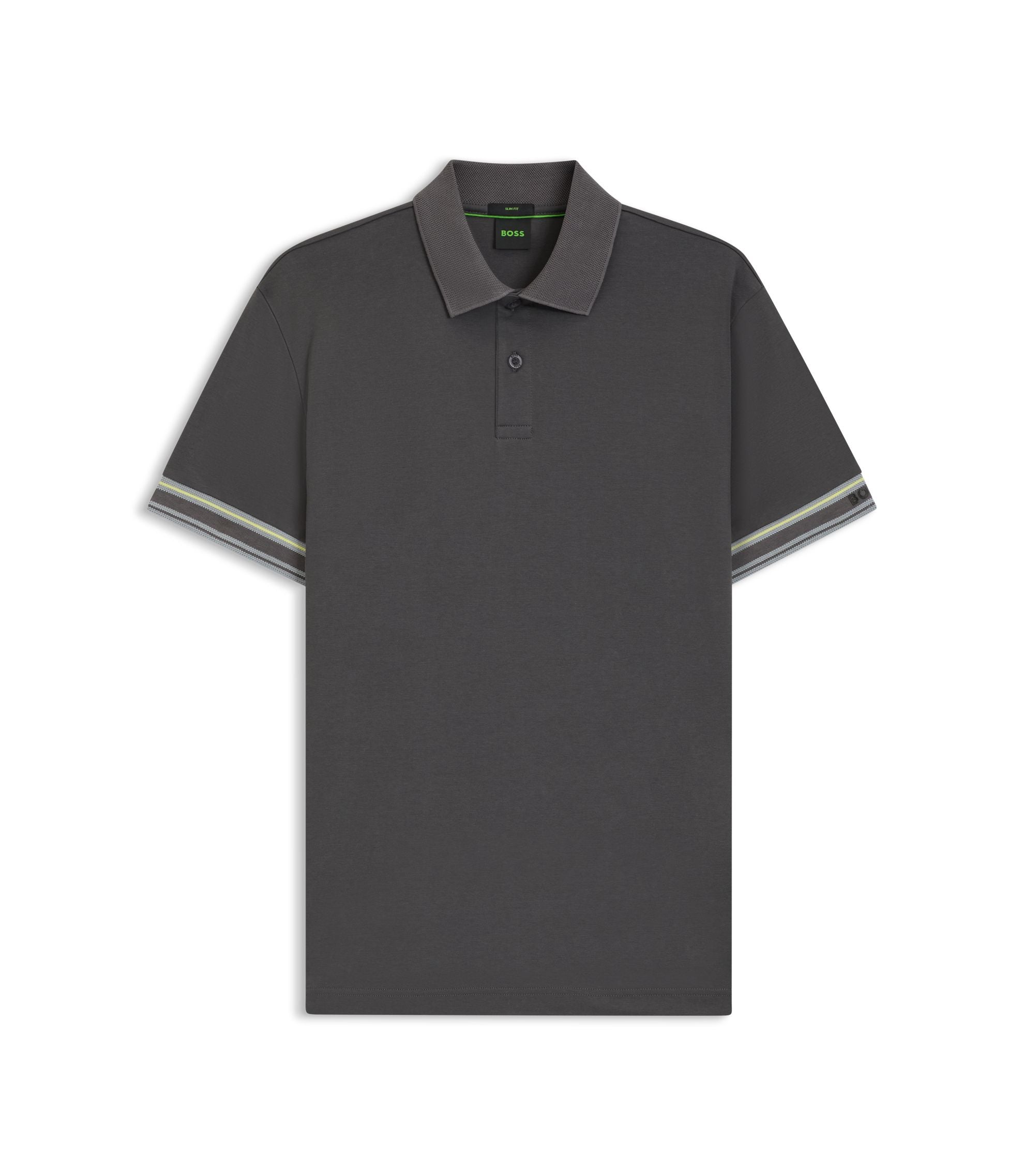 Boss Stripe Cuff Polo Shirt In Interlock Cotton Dark Grey