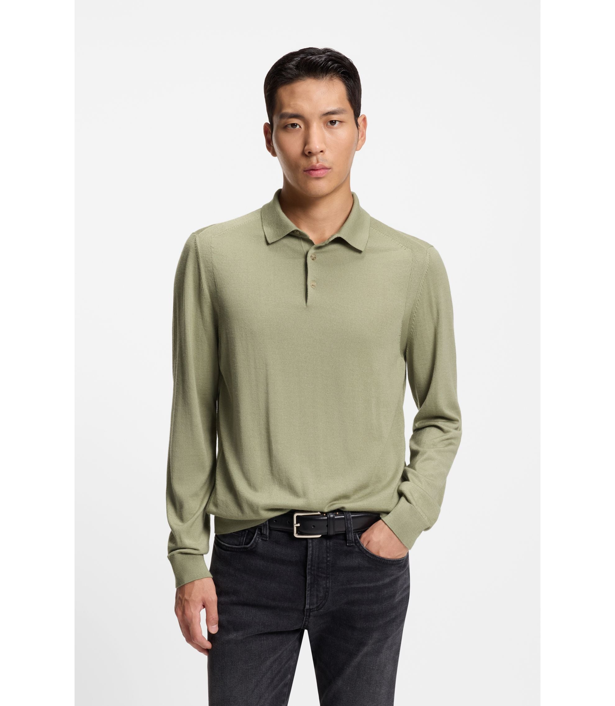 Boss Polo Sweater In Wool Silk And Cashmere Light Green