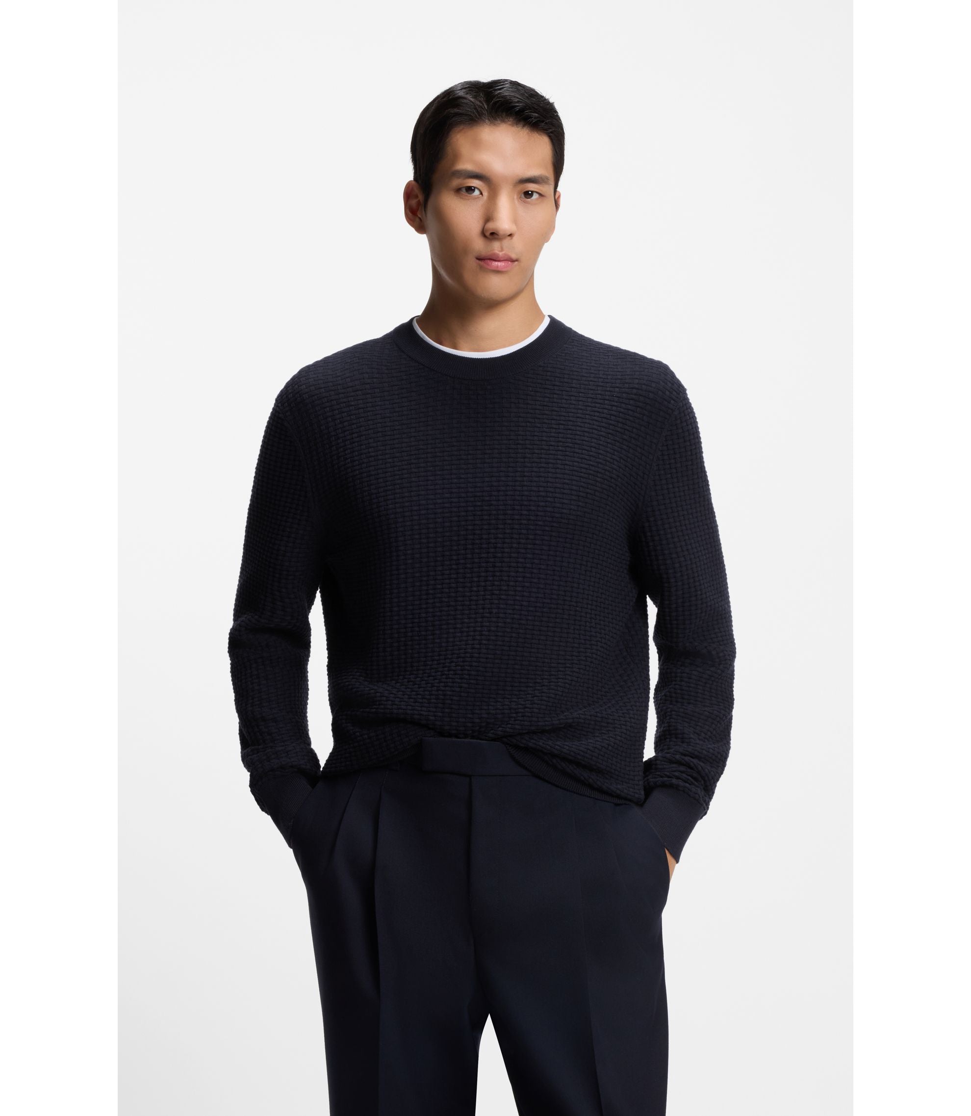 Boss Cotton Sweater With Knitted Structure Dark Blue