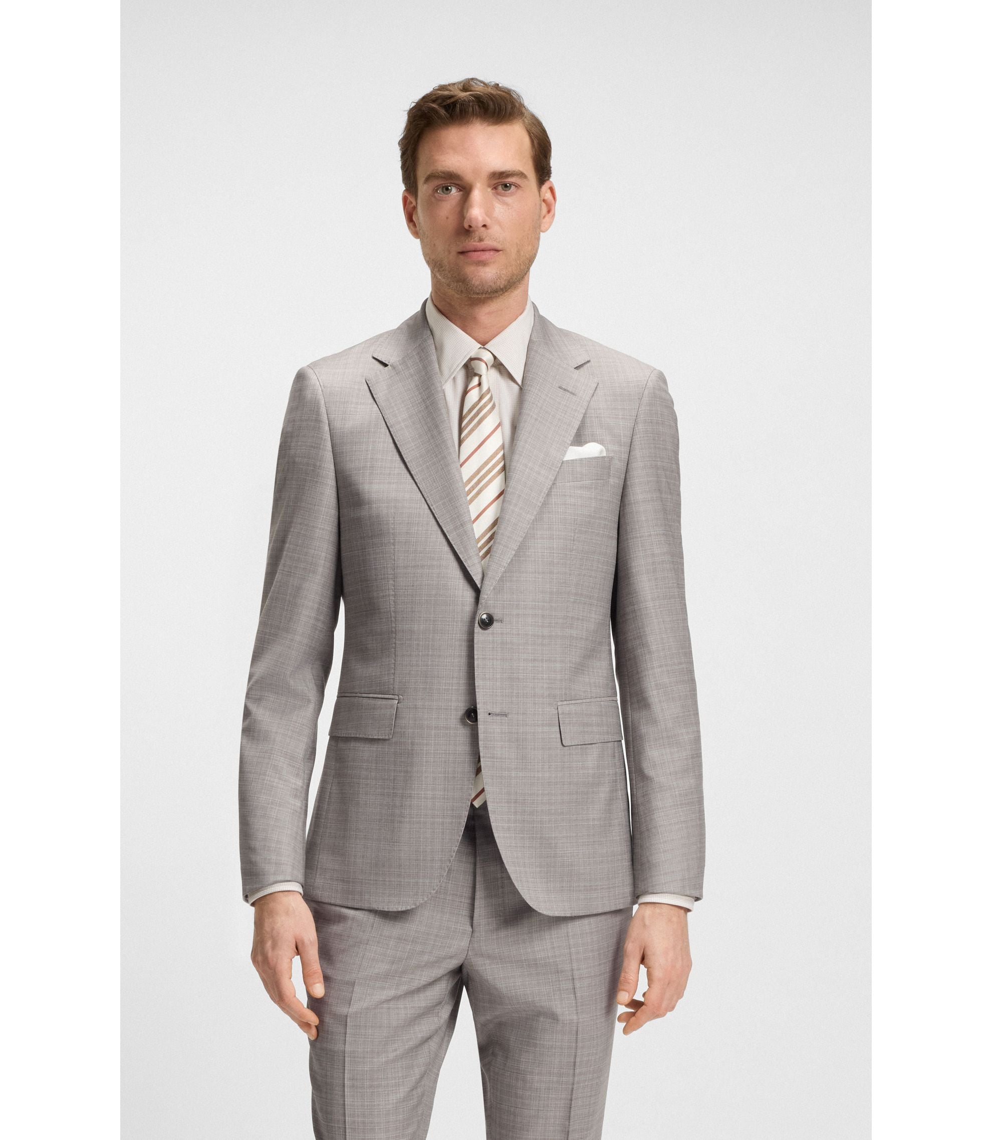 Boss Checked Regular Fit Suit In Virgin Wool Grey