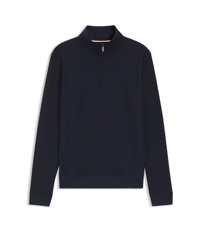 Boss Cotton Blend Zipper Neck Sweatshirt With Waffle Structure Dark Blue