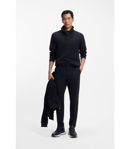 Boss Cotton Blend Zipper Neck Sweatshirt With Waffle Structure Dark Blue