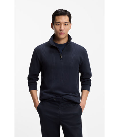 Boss Cotton Blend Zipper Neck Sweatshirt With Waffle Structure Dark Blue