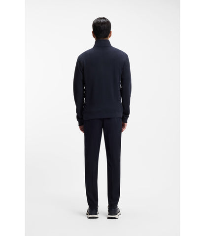 Boss Cotton Blend Zipper Neck Sweatshirt With Waffle Structure Dark Blue