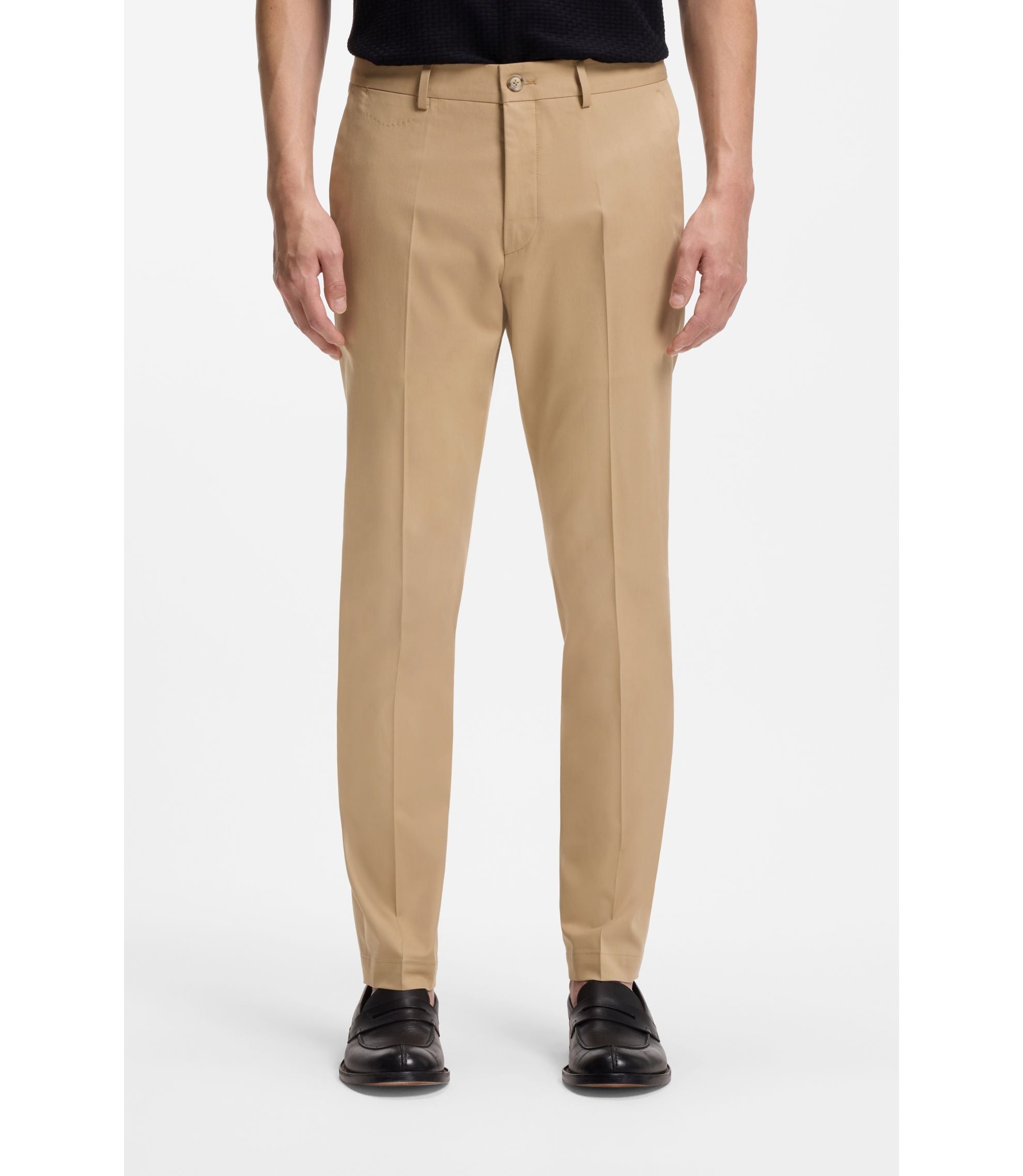 Boss Slim Fit Trousers In Cotton Silk And Stretch Beige