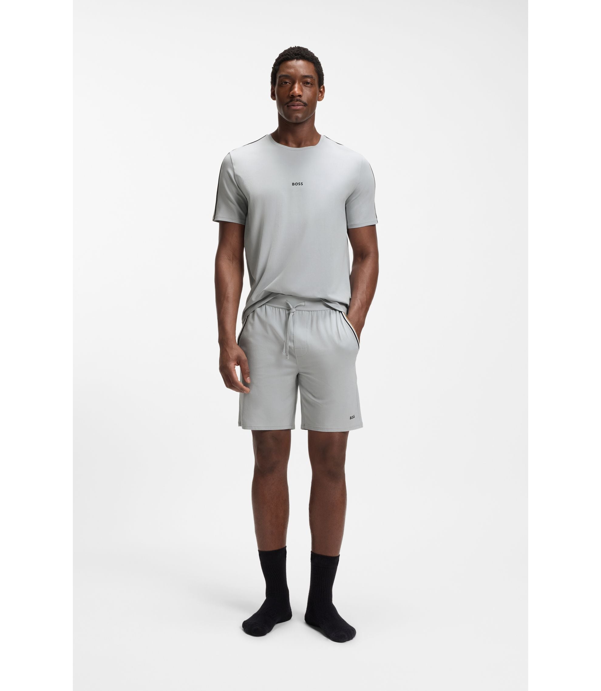 Boss Stretch Cotton Pyjama T Shirt With Signature Stripe Tape Light Grey