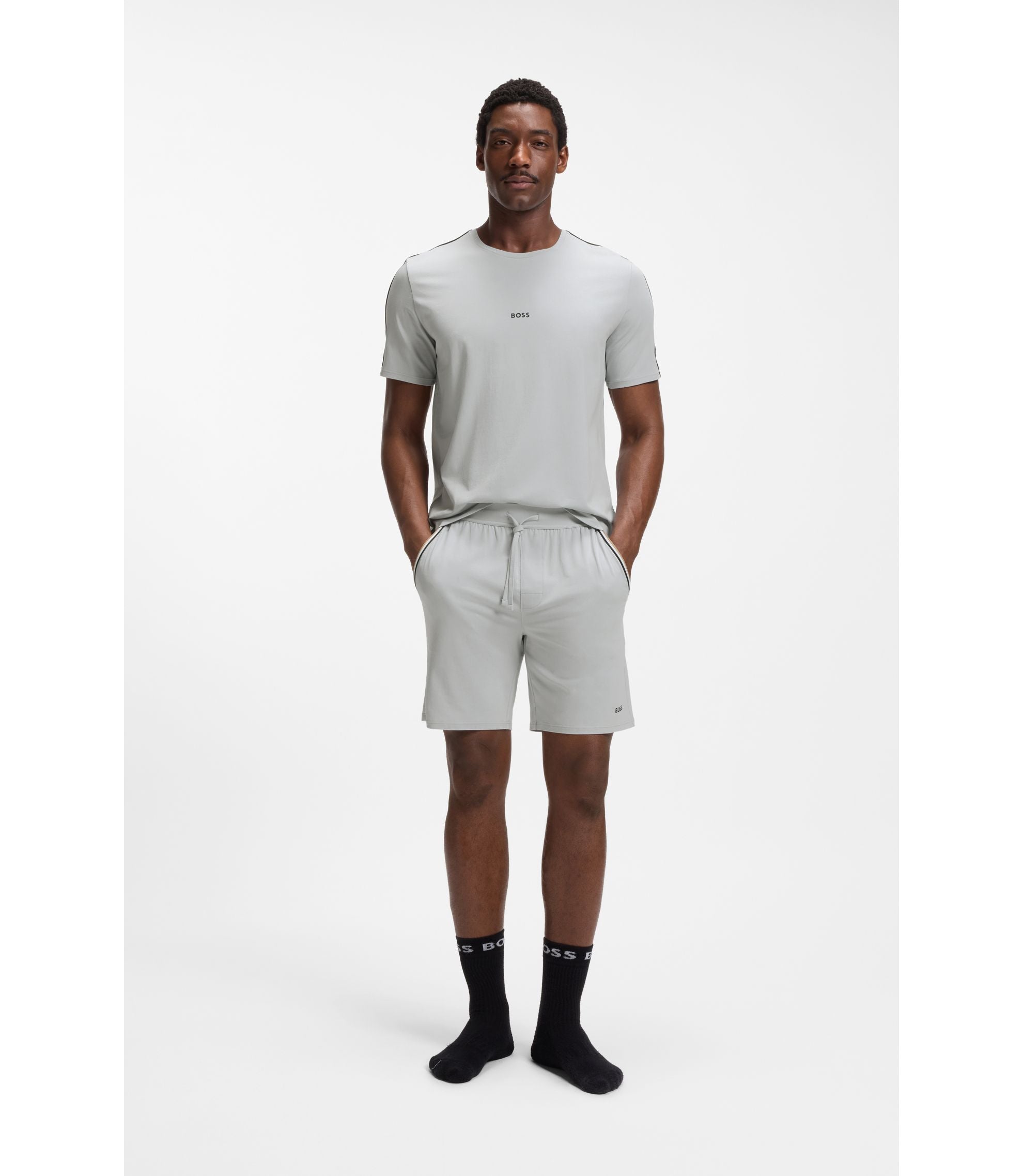 Boss Stretch Cotton Pyjama Shorts With Signature Stripe Tape Light Grey