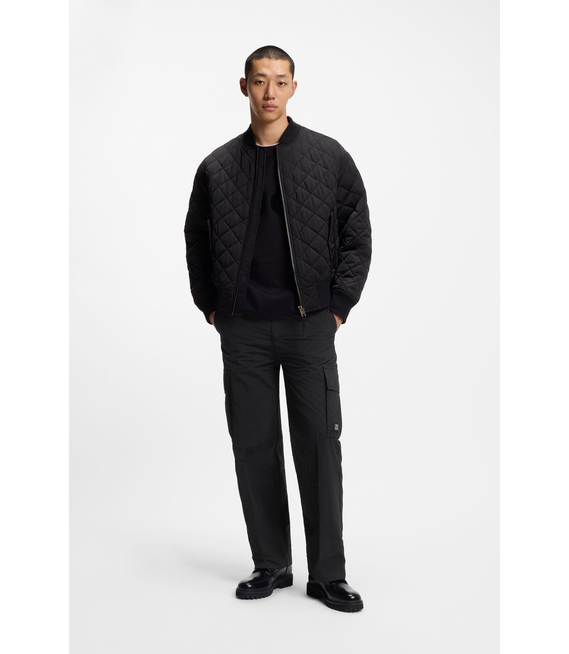 Hugo Straight Fit Cargo Trousers In Waxed Fabric Black