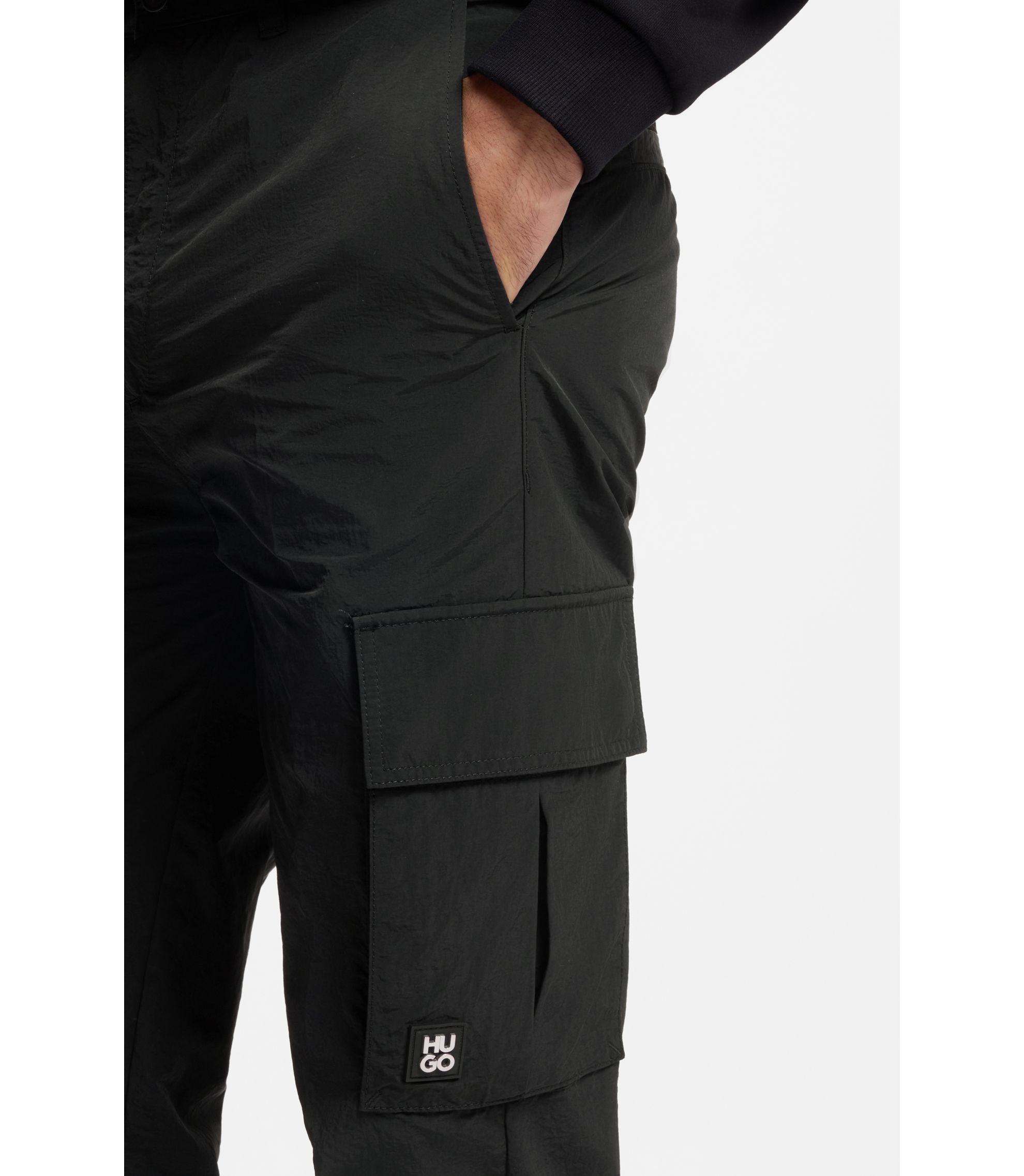 Hugo Straight Fit Cargo Trousers In Waxed Fabric Black