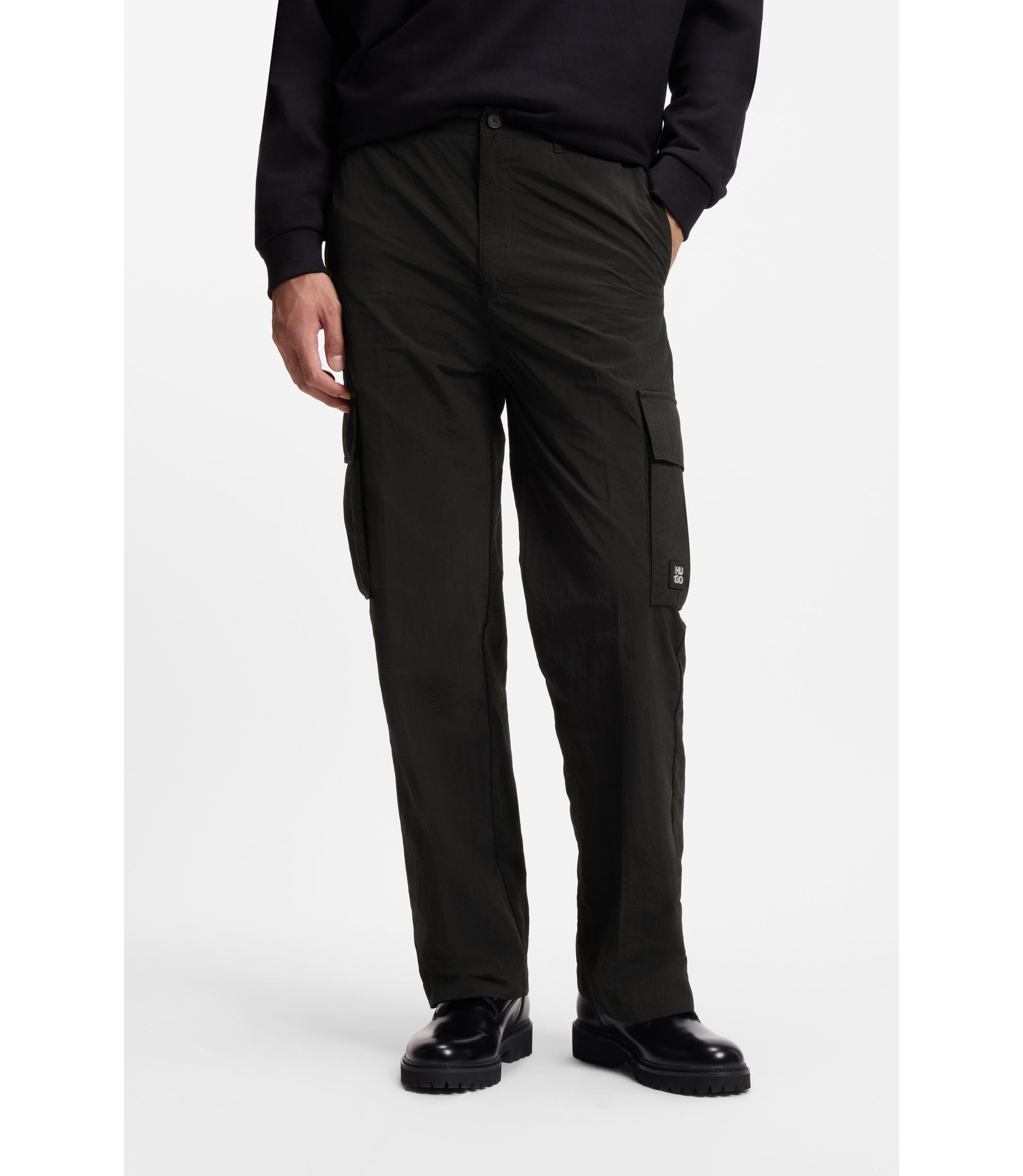 Hugo Straight Fit Cargo Trousers In Waxed Fabric Black